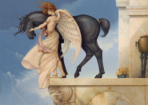 Michael Parkes artwork Dark Unicorn on canvas