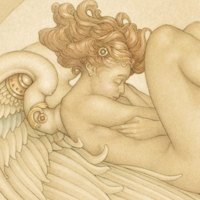 Detail of Michael Parkes 'Angel of August' print on Vellum