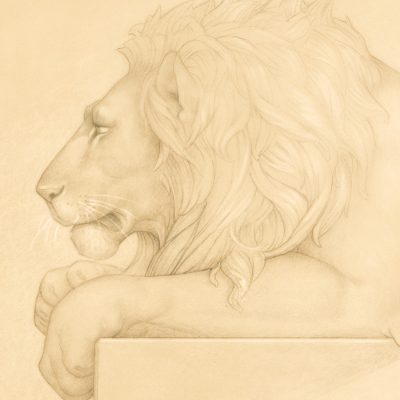 Detail of Michael Parkes Lion's Song print on Vellum