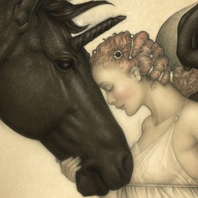 Detail of Michael Parkes Giclee Dark Unicorn