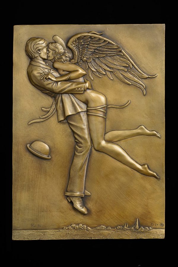 A sculpture of Michael Parkes called Angel Affair Bas-relief GOLD