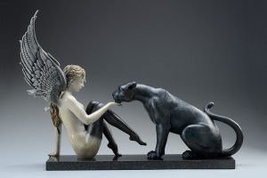 A sculpture of Michael Parkes called Black Panther White Wings