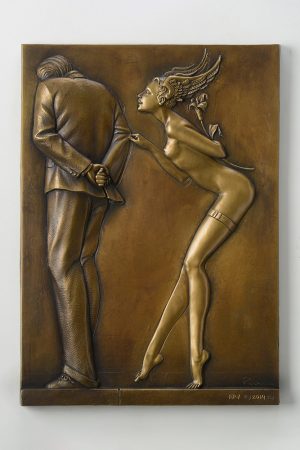 A sculpture of Michael Parkes called Gift for the Disillusioned Man Bas-relief GOLD