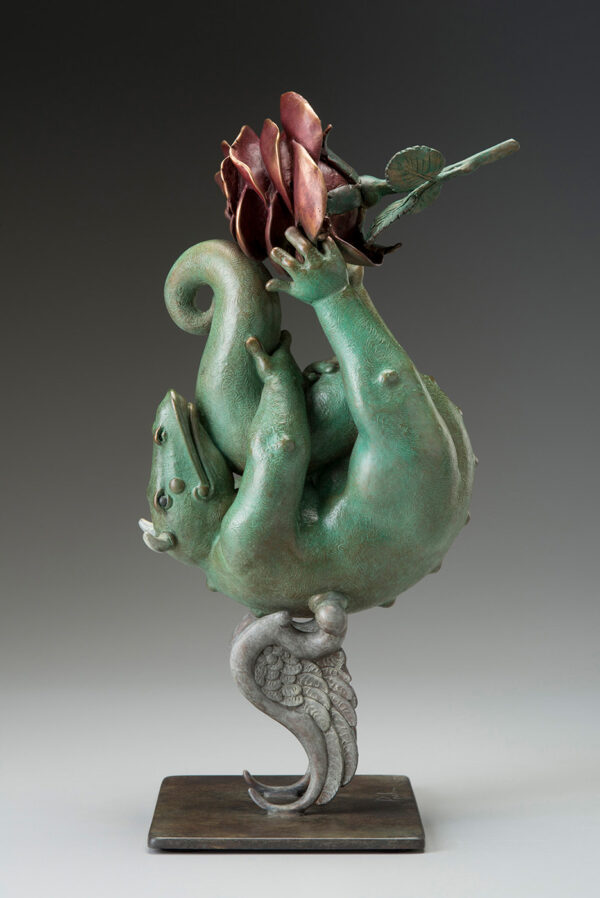 Bronze Custom Patina Sculpture of Michael Parkes Rose Play Dragon