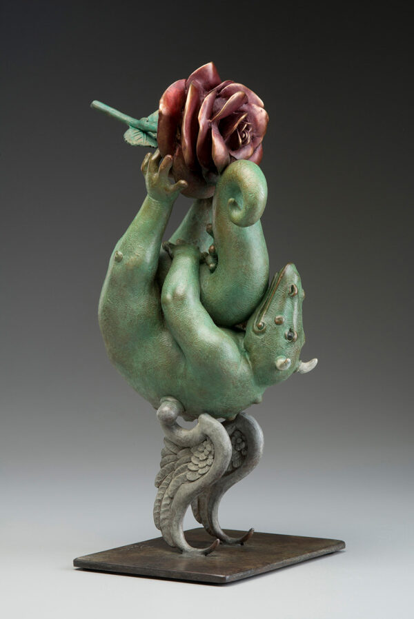 Bronze Custom Patina Sculpture of Michael Parkes Rose Play Dragon - side